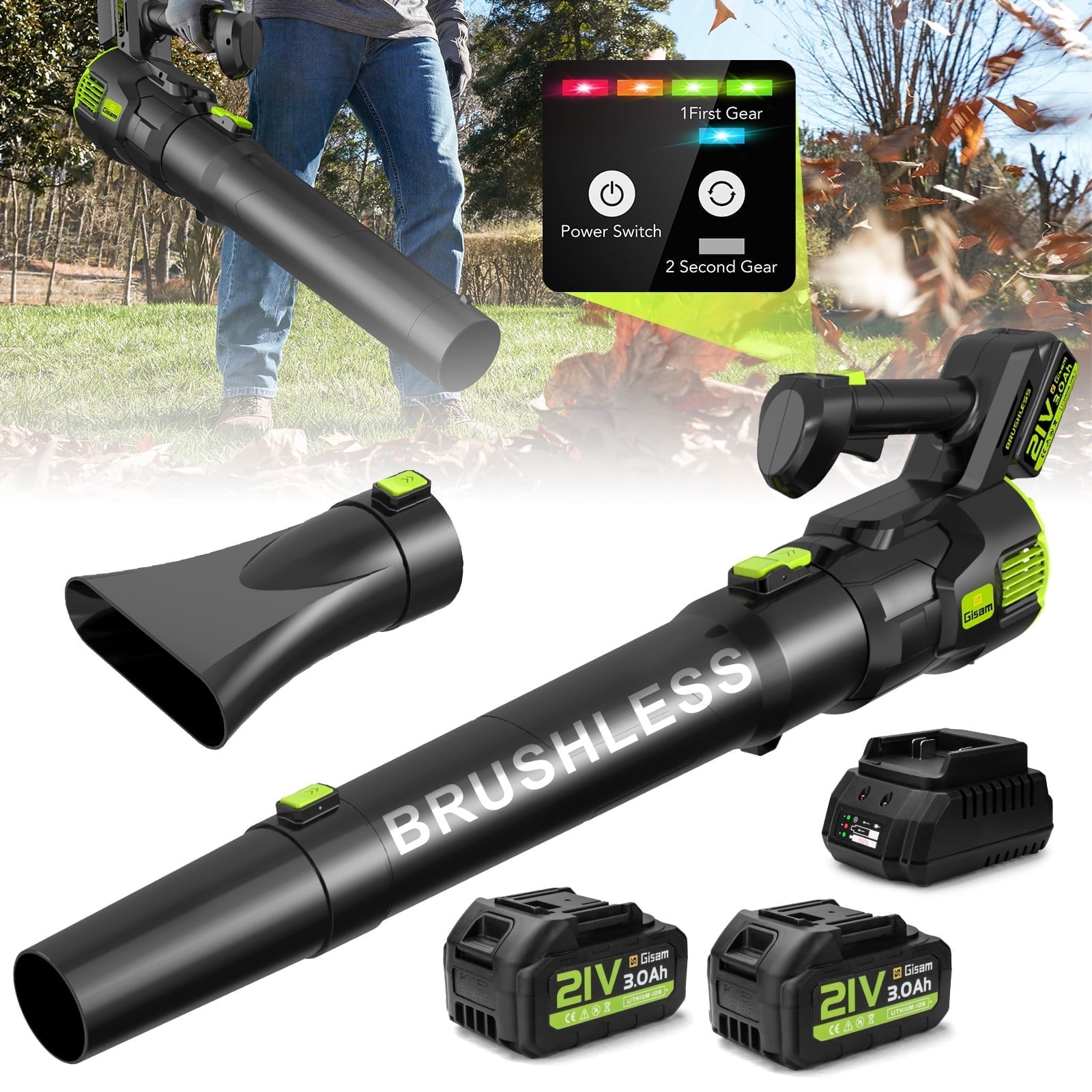 Gisam 21V Electric Brushless Cordless Leaf Blower 160-MPH 424-CFM with 2 x 3.0Ah Batteries Advanced Tourb Mode Yard Cleanup \u0026 Hallway Maintenance.